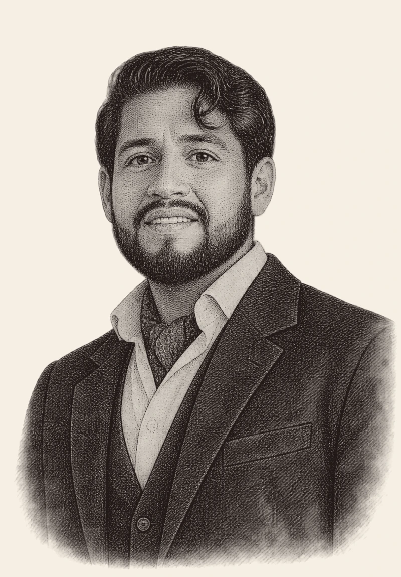 Retrato grabado de Kenyi Martín Alcántara, Economista Colegiado y Perito Judicial